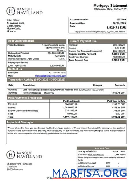 Realistic Monaco Banque Havilland mortgage statement Word and PDF template